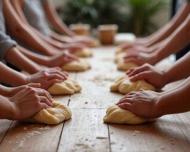 Un gruppo di partecipanti a un corso di pasticceria, con le mani immerse nell'impasto su un banco di lavoro in legno