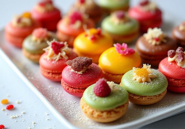 Vassoio di pasticcini mignon assortiti, da colorati macarons ai bignè ripieni, pronti per deliziare ogni palato in ogni occasione speciale.