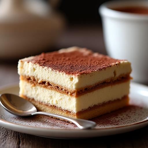 Porzione di tiramisù cremoso servito al cucchiaio, ricoperto da abbondante cacao, espressione autentica della tradizione dolciaria italiana.