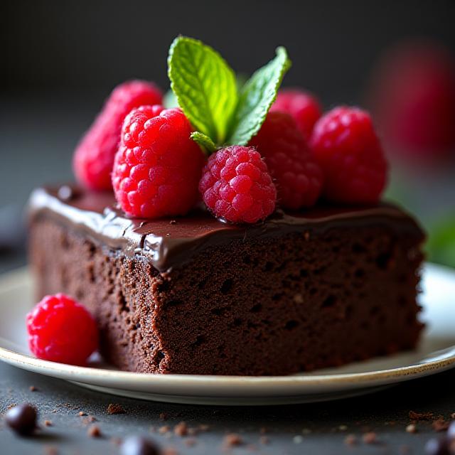 Torta al cioccolato fondente decorata con lamponi freschi e menta, un classico reinventato per gli amanti dei sapori intensi e raffinati.