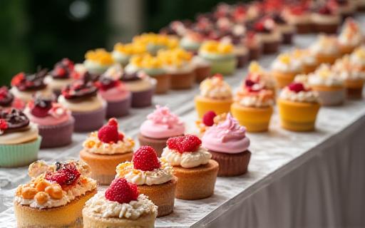 Un elegante buffet di dolci variopinti per un evento aziendale, con cupcake, mini-pasticcini e torte monoporzione