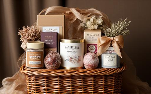 Un elegante cesto regalo con prodotti di pasticceria artigianale, confezionato con nastro e fiori secchi